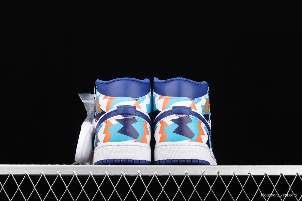 Air Jordan 1 Mid geometrical white and blue Zhongbang basketball shoes 555112-105