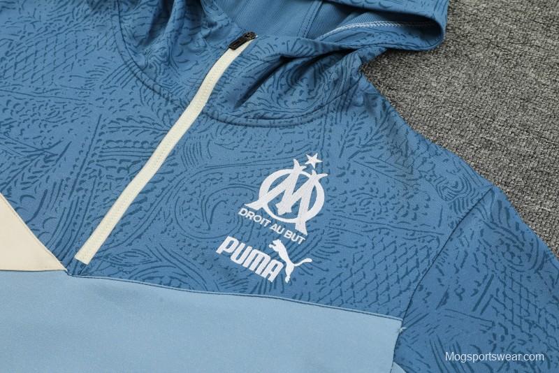 23/24 Olympique Marseille Blue Half Zipper Hoodie Jacket +Pants