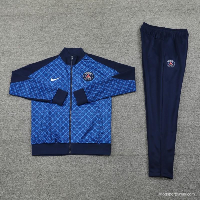 24/25 PSG Blue Grid Pattern Full Zipper Jacket +Long Pants